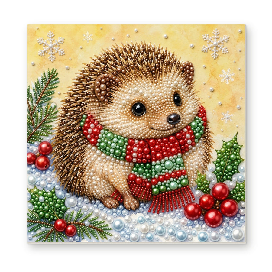 Straight dimensional white-background mockup of the complete artwork — Little Hedgehog in Snowy Holly. Pearl diamond painting DIY kit by Isuvio.
