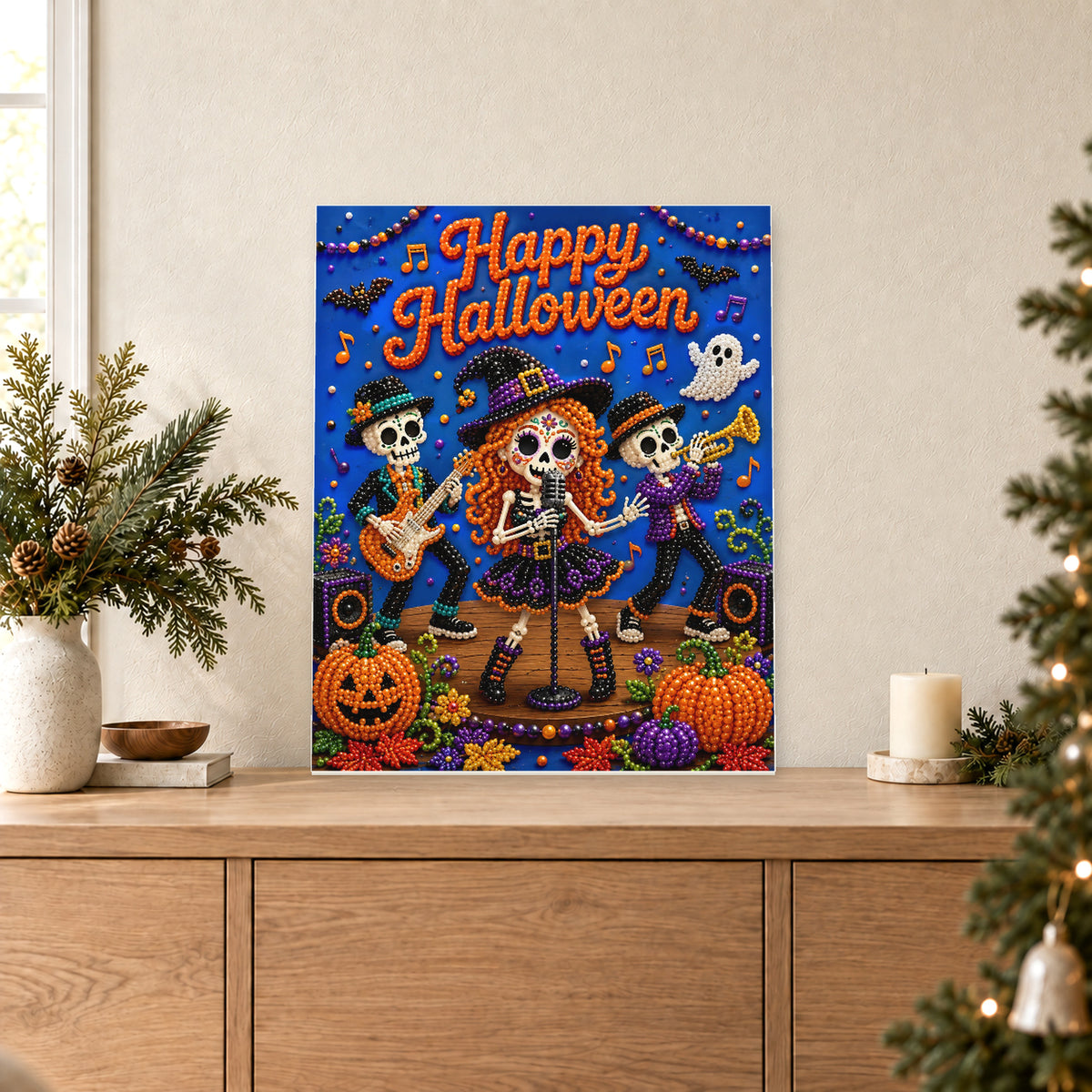 فرقة هياكل عظمية مع عبارة Happy Halloween