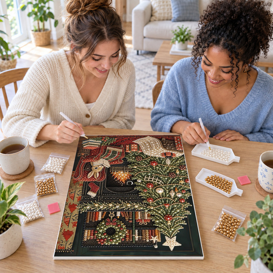 Two friends creating one shared Pearl artwork — Christmas Tree by the Library Fireplace. Pearl diamond painting DIY kit by Isuvio.