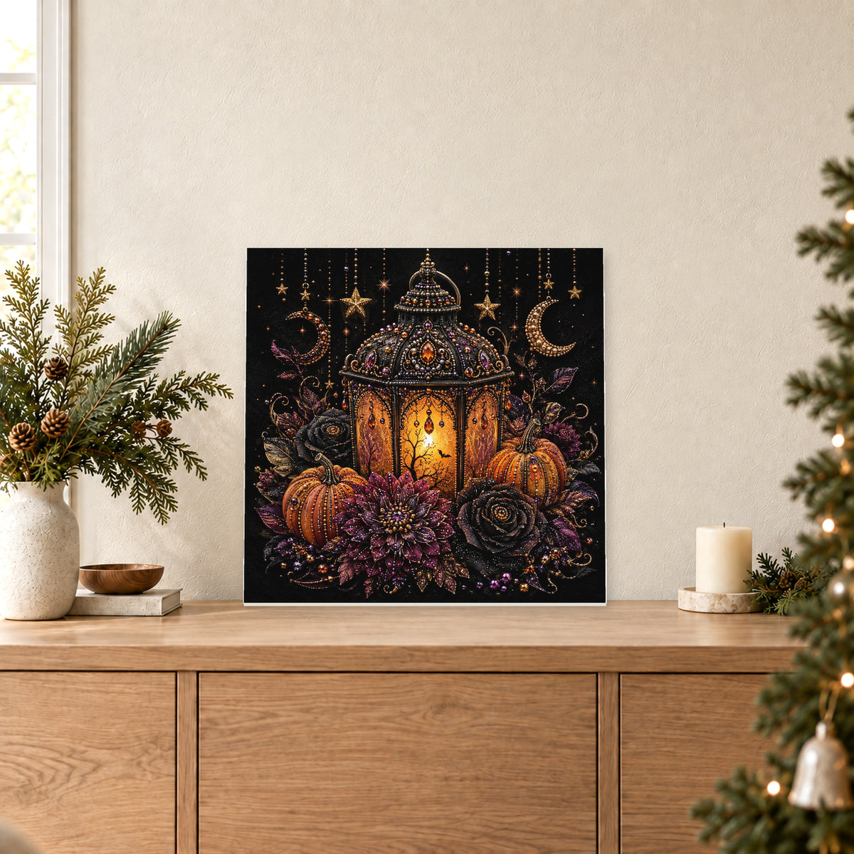 Lanterne gothique lumineuse avec citrouilles et fleurs sombres