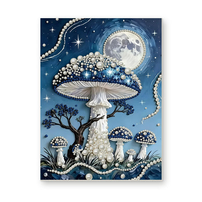 Straight dimensional white-background mockup of the complete artwork — Blue Pearl Mushrooms Under a Full Moon. Pearl diamond painting DIY kit by Isuvio.