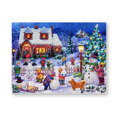 Straight dimensional white-background mockup of the complete artwork — Children Building Snowmen in a Christmas Village. Pearl diamond painting DIY kit by Isuvio.