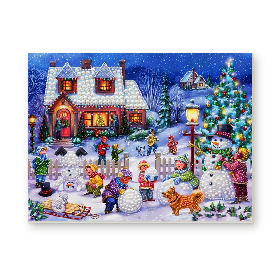 Straight dimensional white-background mockup of the complete artwork — Children Building Snowmen in a Christmas Village. Pearl diamond painting DIY kit by Isuvio.