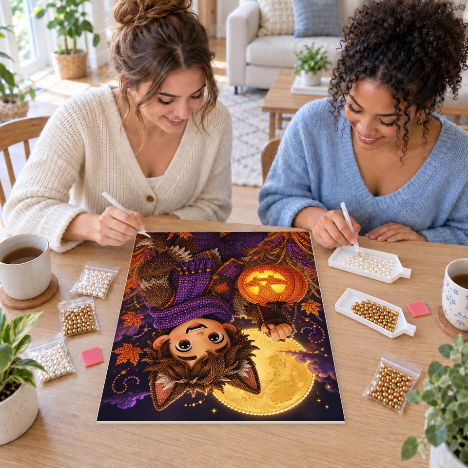 Two friends creating one shared Pearl artwork — Little Werewolf with a Pumpkin Lantern. Pearl diamond painting DIY kit by Isuvio.