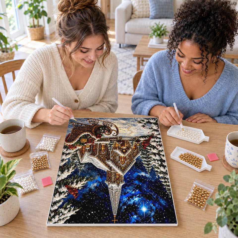 Two friends creating one shared Pearl artwork — Starry Christmas Church and Sleigh. Pearl diamond painting DIY kit by Isuvio.