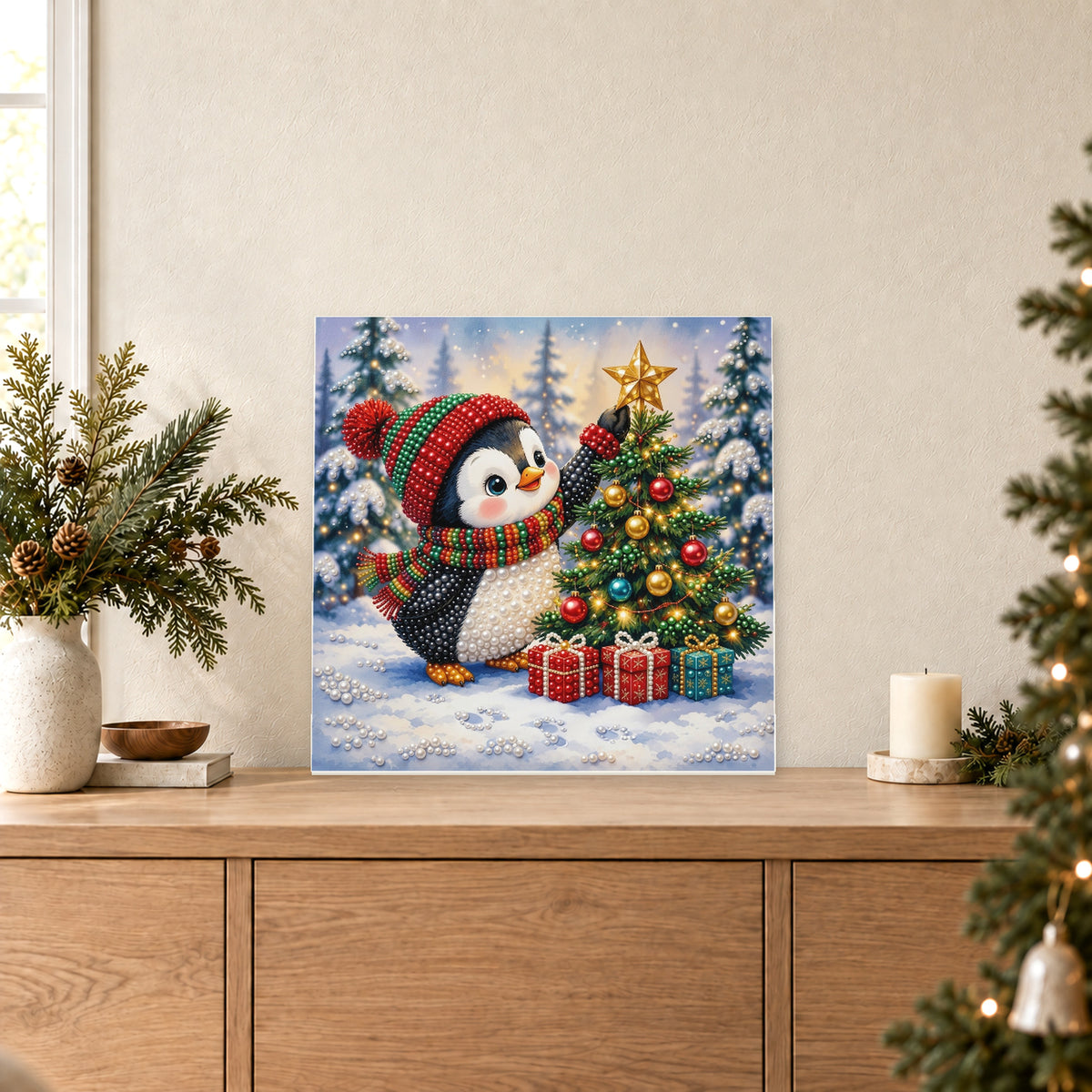 Pingüino que alcanza una estrella de Navidad