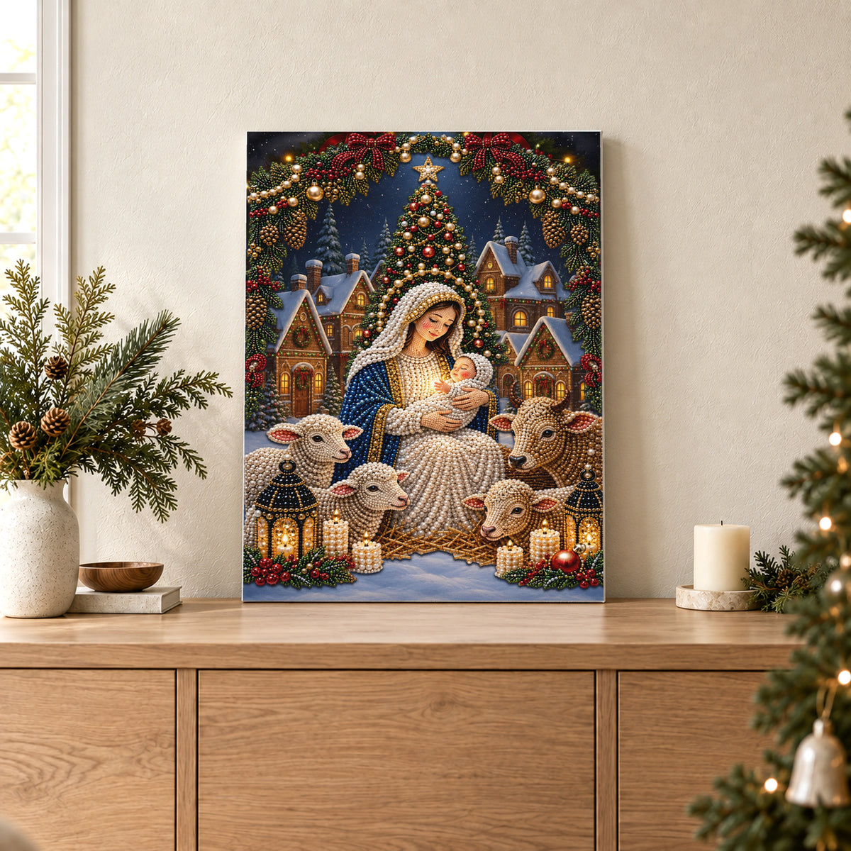 Maria e Gesù Bambino nel villaggio di Natale