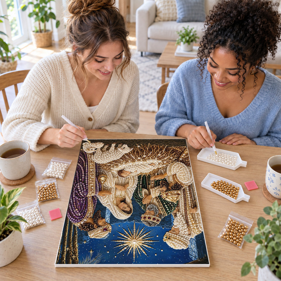 Two friends creating one shared Pearl artwork — Three Wise Men at the Manger. Pearl diamond painting DIY kit by Isuvio.