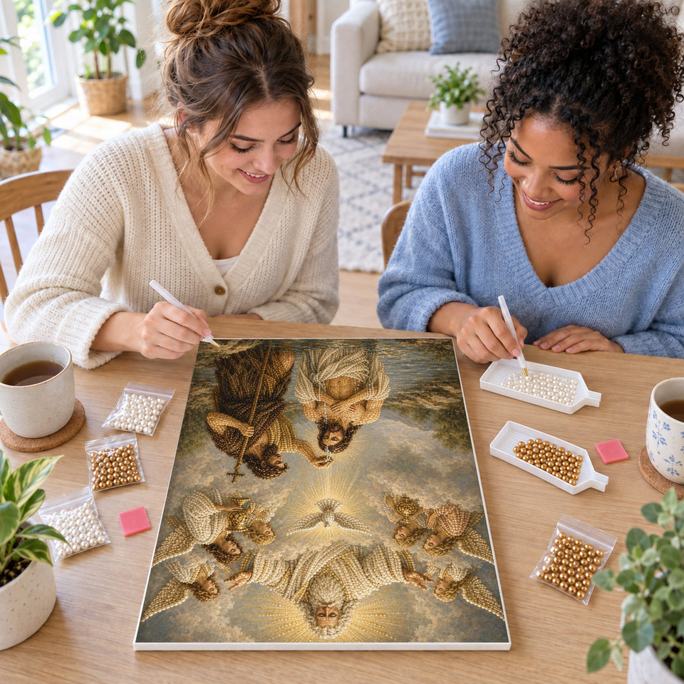 Two friends creating one shared Pearl artwork — Baptism of Jesus Beneath a Heavenly Light. Pearl diamond painting DIY kit by Isuvio.
