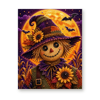 Straight dimensional white-background mockup of the complete artwork — Smiling Scarecrow with Sunflowers Under an Orange Moon. Pearl diamond painting DIY kit by Isuvio.