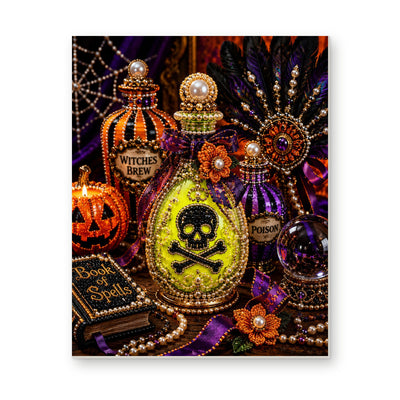Straight dimensional white-background mockup of the complete artwork — Witch's Potions and a Book of Spells. Pearl diamond painting DIY kit by Isuvio.