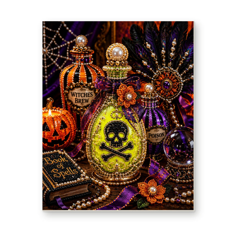 Straight dimensional white-background mockup of the complete artwork — Witch's Potions and a Book of Spells. Pearl diamond painting DIY kit by Isuvio.