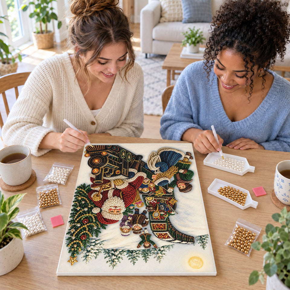Two friends creating one shared Pearl artwork — Santa and Children on a Christmas Train. Pearl diamond painting DIY kit by Isuvio.