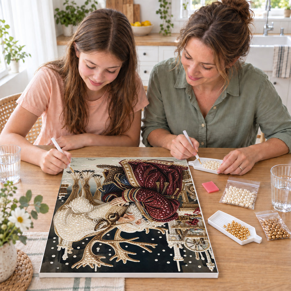 Mother and daughter crafting together — Santa Embracing the White Reindeer, Pearl diamond painting DIY kit.