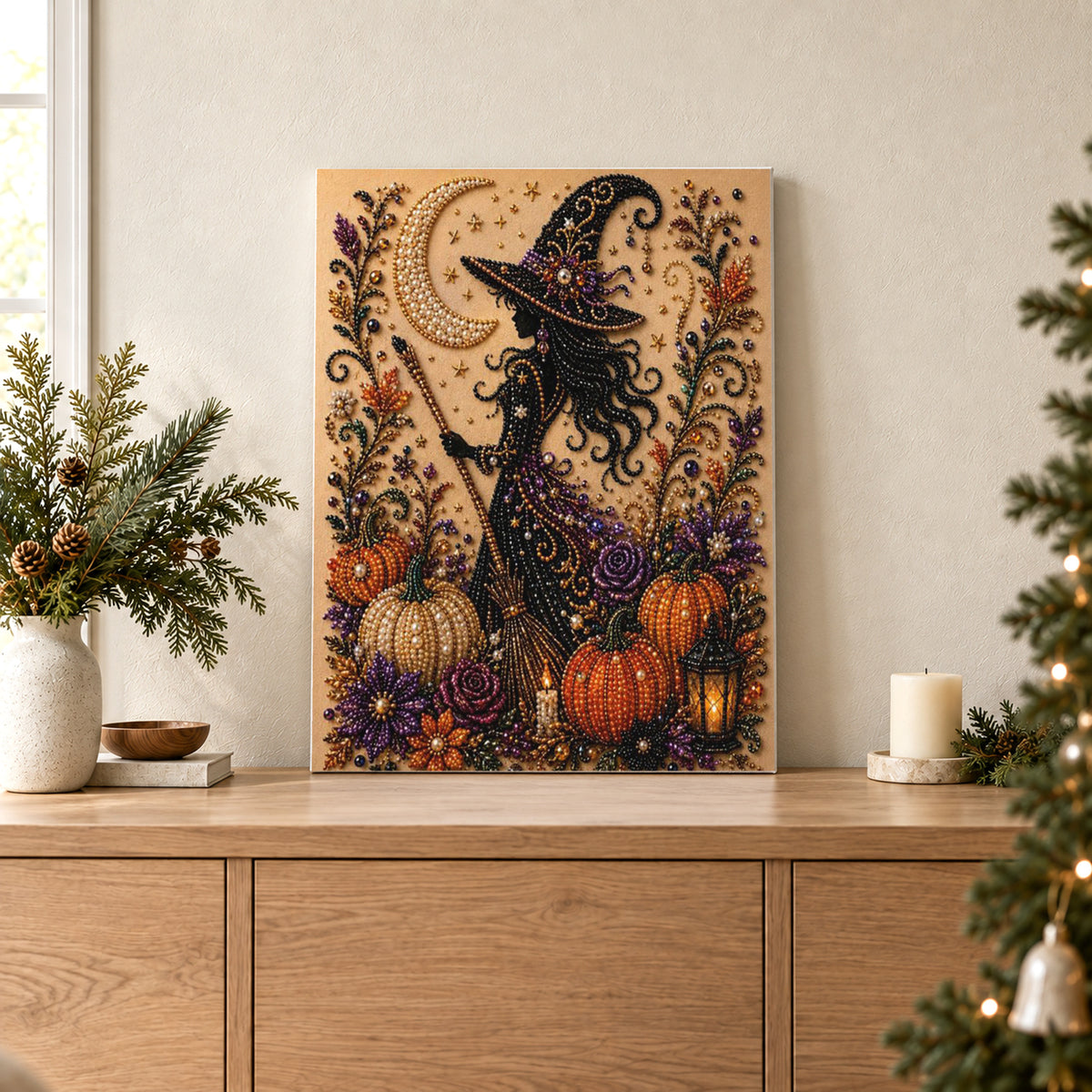 Silueta de bruja con flores moradas y calabazas