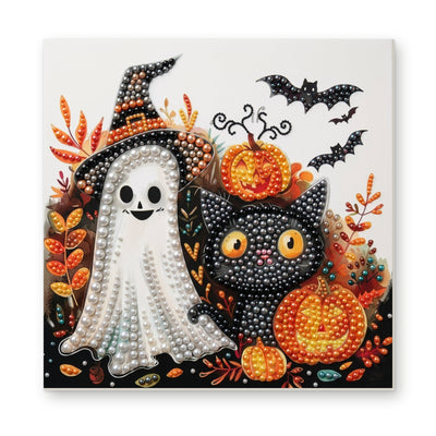 Straight dimensional white-background mockup of the complete artwork — Friendly Ghost and Black Cat Among Pumpkins. Pearl diamond painting DIY kit by Isuvio.