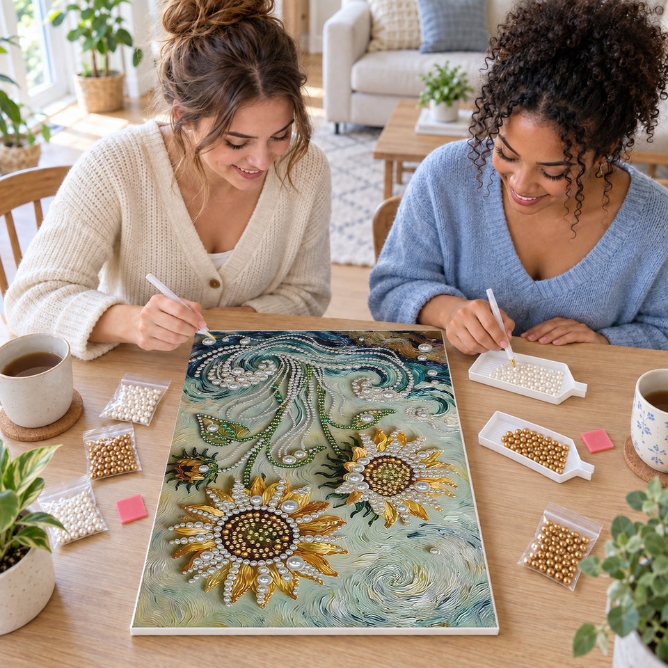 Two friends creating one shared Pearl artwork — Sunflowers Above Pearl Ocean Waves. Pearl diamond painting DIY kit by Isuvio.