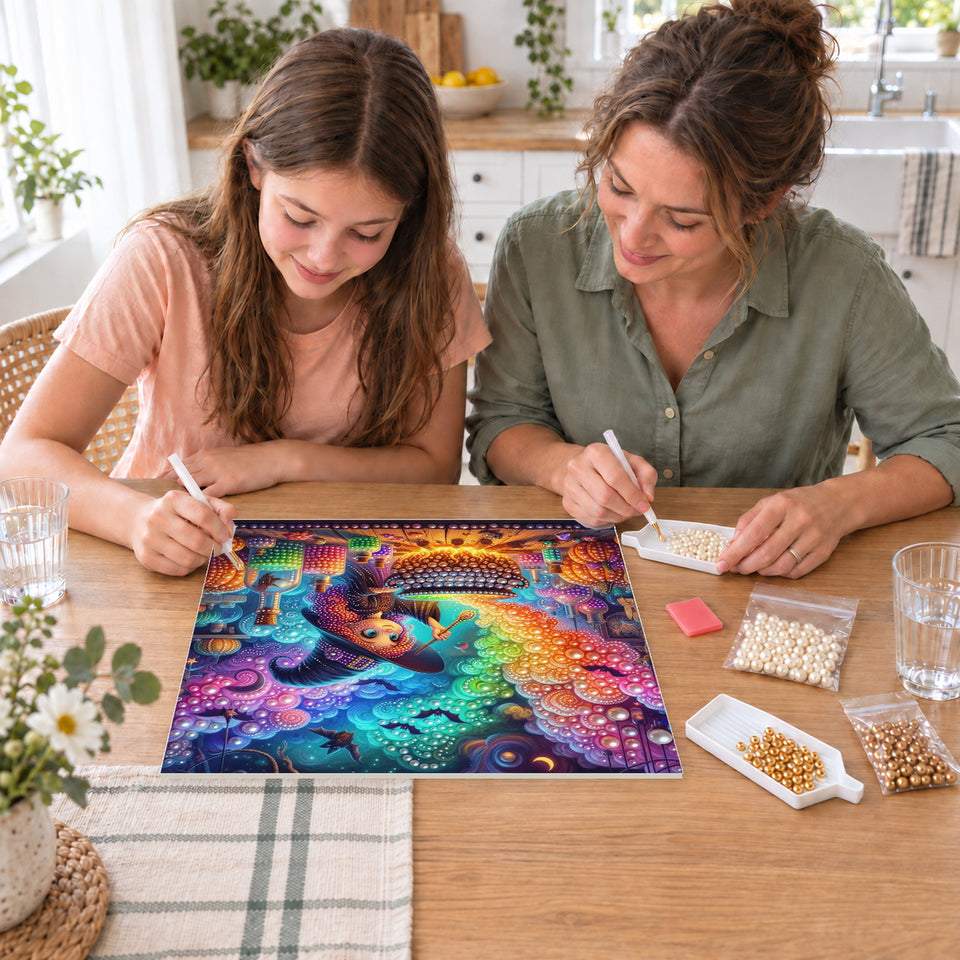Mother and daughter creating one shared Pearl artwork — Little Witch Brewing a Rainbow Potion. Pearl diamond painting DIY kit by Isuvio.