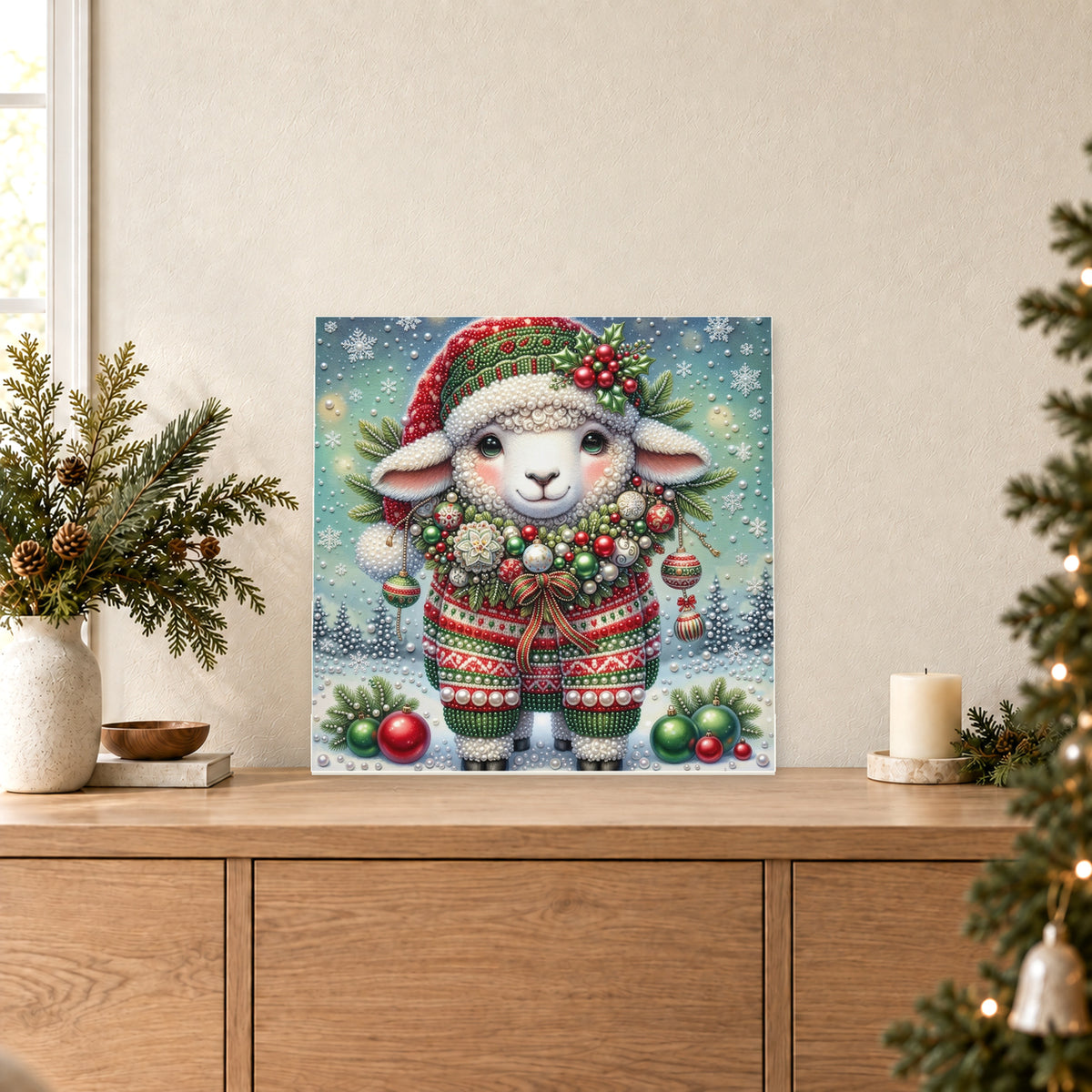 Kleines Lamm mit Weihnachtsmütze und festlichem Pullover