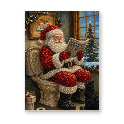 Straight dimensional white-background mockup of the complete artwork — Santa Reading the Christmas News in the Bathroom. Pearl diamond painting DIY kit by Isuvio.