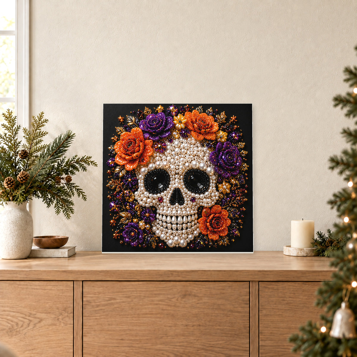 White Skull with Purple and Orange Roses