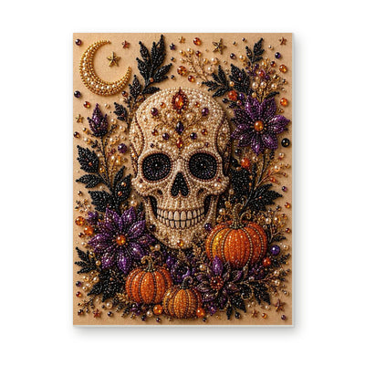 Straight dimensional white-background mockup of the complete artwork — Golden Skull with Purple Flowers and Pumpkins. Pearl diamond painting DIY kit by Isuvio.