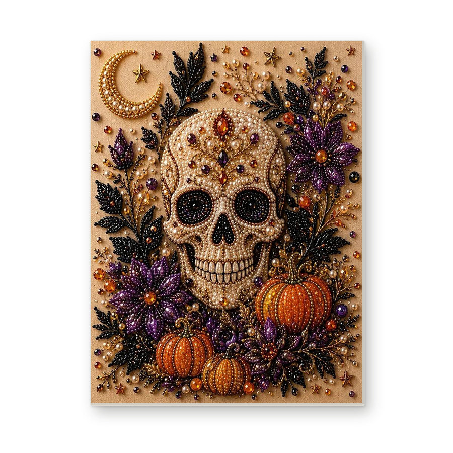 Straight dimensional white-background mockup of the complete artwork — Golden Skull with Purple Flowers and Pumpkins. Pearl diamond painting DIY kit by Isuvio.