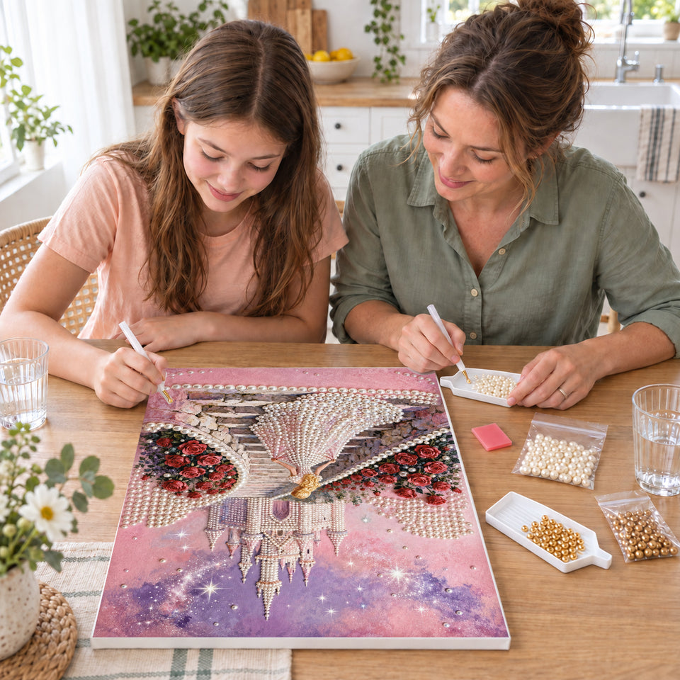 Mother and daughter creating one shared Pearl artwork — Princess Path to a Starlit Castle. Pearl diamond painting DIY kit by Isuvio.