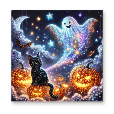 Straight dimensional white-background mockup of the complete artwork — Rainbow Ghost with a Black Cat and Jack-o'-Lanterns. Pearl diamond painting DIY kit by Isuvio.