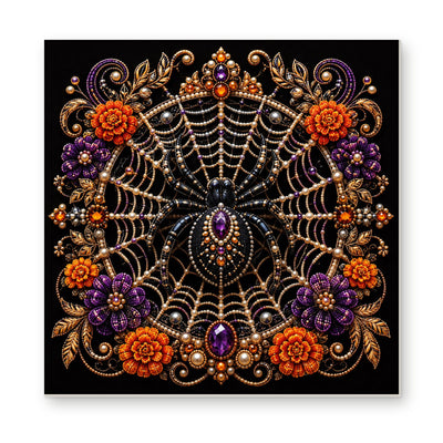 Straight dimensional white-background mockup of the complete artwork — Jeweled Spiderweb with Purple and Orange Flowers. Pearl diamond painting DIY kit by Isuvio.