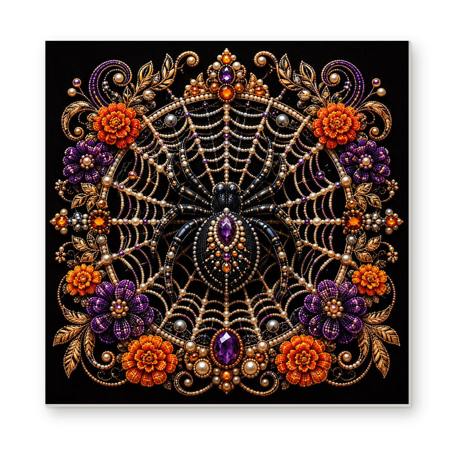 Straight dimensional white-background mockup of the complete artwork — Jeweled Spiderweb with Purple and Orange Flowers. Pearl diamond painting DIY kit by Isuvio.