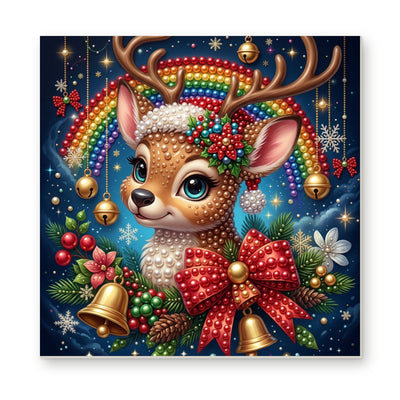 Straight dimensional white-background mockup of the complete artwork — Christmas Reindeer with Ornament Antlers. Pearl diamond painting DIY kit by Isuvio.