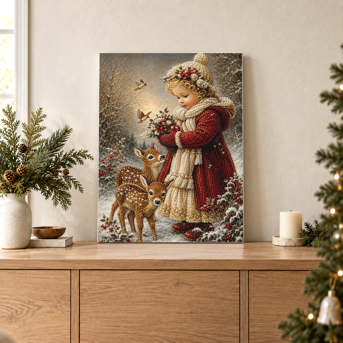 Fillette d’hiver avec faons et houx