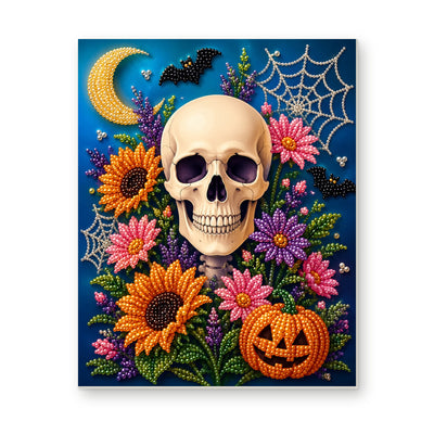Straight dimensional white-background mockup of the complete artwork — Sunflower Skull beneath a Crescent Moon. Pearl diamond painting DIY kit by Isuvio.