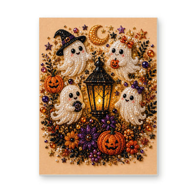Straight dimensional white-background mockup of the complete artwork — Friendly Ghosts Halloween Lantern. Pearl diamond painting DIY kit by Isuvio.