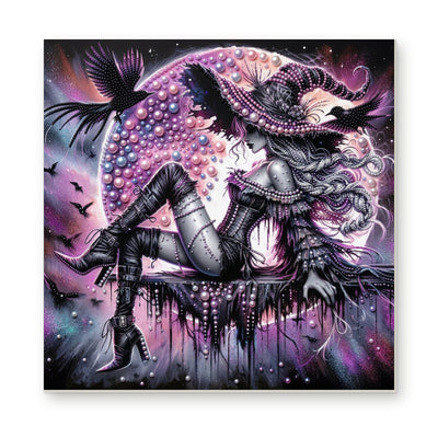 Straight dimensional white-background mockup of the complete artwork — Silver-Haired Witch with Ravens. Pearl diamond painting DIY kit by Isuvio.