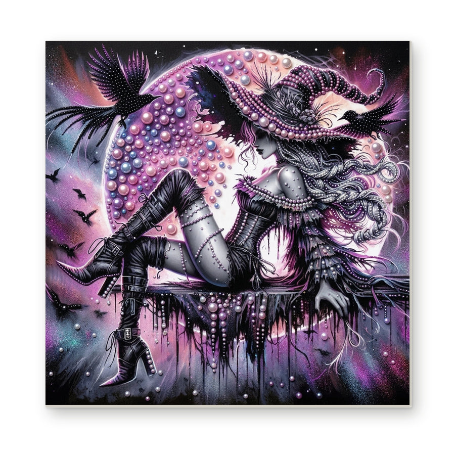 Straight dimensional white-background mockup of the complete artwork — Silver-Haired Witch with Ravens. Pearl diamond painting DIY kit by Isuvio.