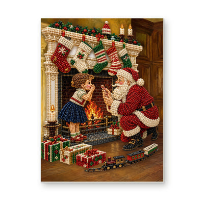Straight dimensional white-background mockup of the complete artwork — Santa and a Child Beside the Christmas Fireplace. Pearl diamond painting DIY kit by Isuvio.