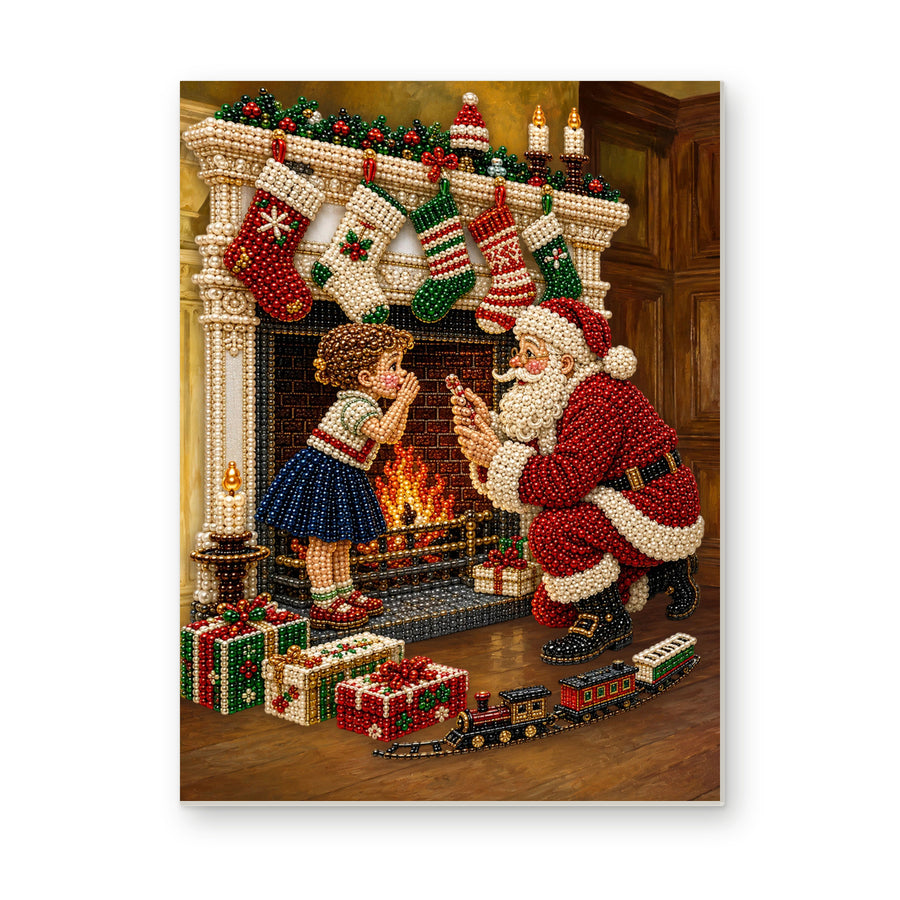 Straight dimensional white-background mockup of the complete artwork — Santa and a Child Beside the Christmas Fireplace. Pearl diamond painting DIY kit by Isuvio.