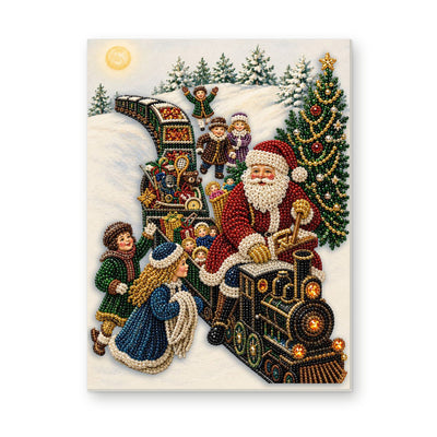 Straight dimensional white-background mockup of the complete artwork — Santa and Children on a Christmas Train. Pearl diamond painting DIY kit by Isuvio.