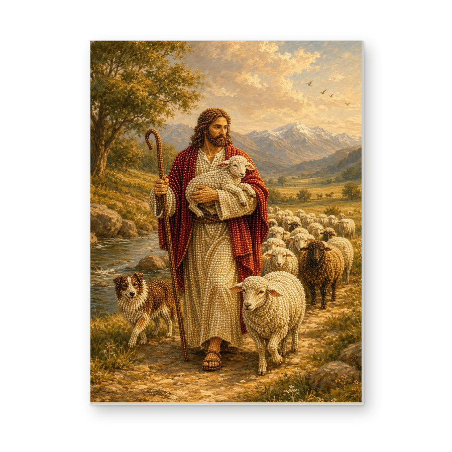 Straight dimensional white-background mockup of the complete artwork — Jesus the Good Shepherd with a Lamb. Pearl diamond painting DIY kit by Isuvio.
