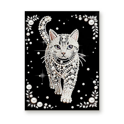 Straight dimensional white-background mockup of the complete artwork — White Pearl Cat with Blue Eyes on Black. Pearl diamond painting DIY kit by Isuvio.