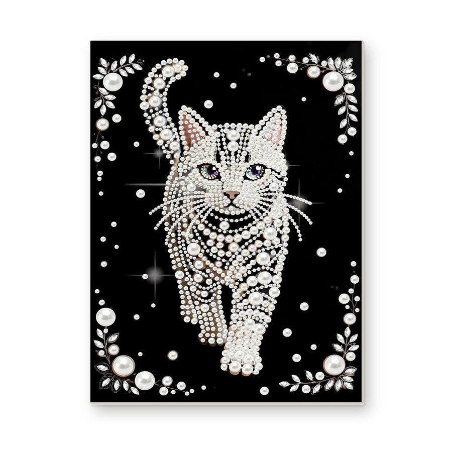 Straight dimensional white-background mockup of the complete artwork — White Pearl Cat with Blue Eyes on Black. Pearl diamond painting DIY kit by Isuvio.