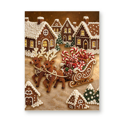 Straight dimensional white-background mockup of the complete artwork — Gingerbread Village and Reindeer Sleigh. Pearl diamond painting DIY kit by Isuvio.