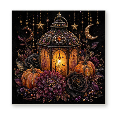 Straight dimensional white-background mockup of the complete artwork — Glowing Gothic Lantern with Pumpkins and Dark Flowers. Pearl diamond painting DIY kit by Isuvio.