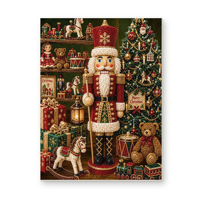 Straight dimensional white-background mockup of the complete artwork — Red Nutcracker in a Christmas Toy Room. Pearl diamond painting DIY kit by Isuvio.