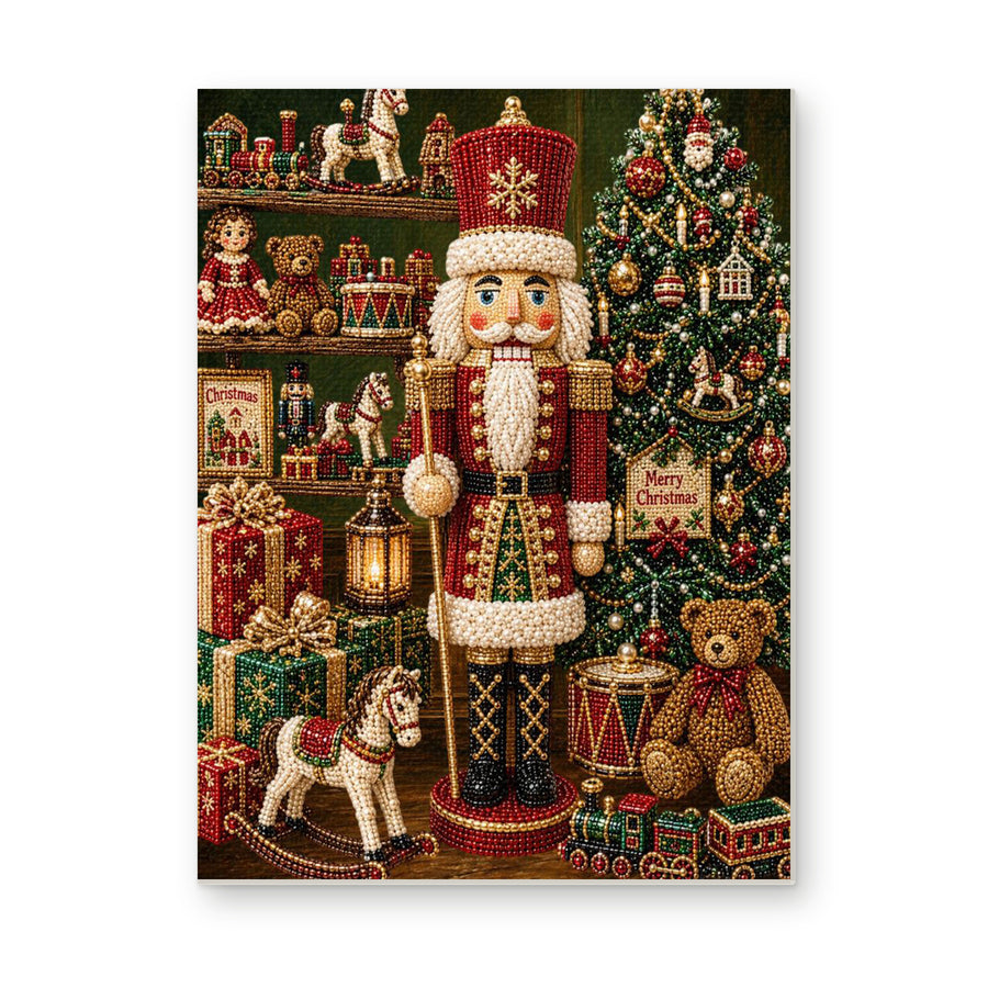 Straight dimensional white-background mockup of the complete artwork — Red Nutcracker in a Christmas Toy Room. Pearl diamond painting DIY kit by Isuvio.