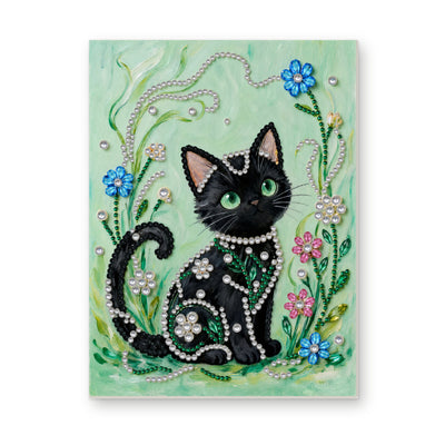 Straight dimensional white-background mockup of the complete artwork — Black Cat in Emerald Garden. Pearl diamond painting DIY kit by Isuvio.