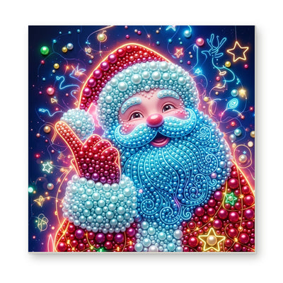 Straight dimensional white-background mockup of the complete artwork — Blue-Bearded Santa among Christmas Stars. Pearl diamond painting DIY kit by Isuvio.