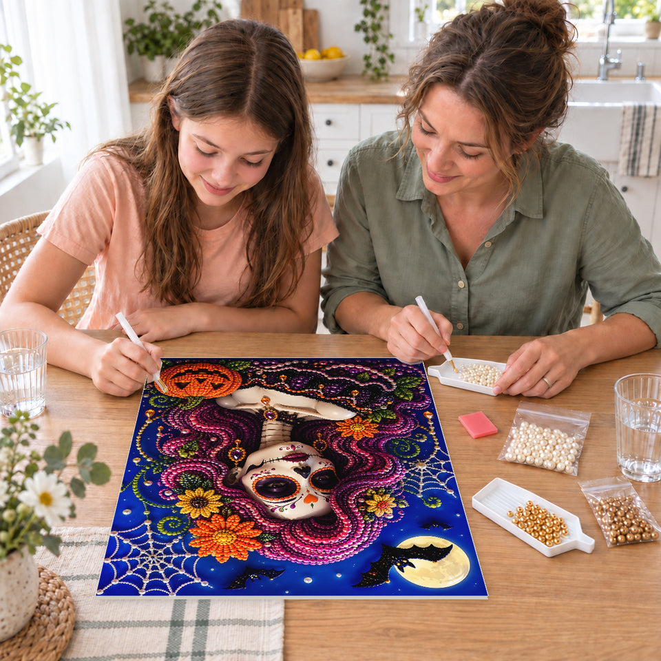 Mother and daughter creating one shared Pearl artwork — Magenta-Haired Sugar Skull Portrait. Pearl diamond painting DIY kit by Isuvio.